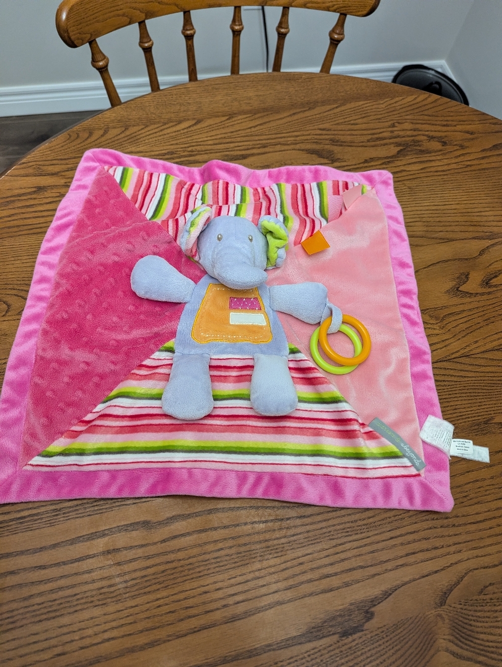 Blankets and Beyond. Pink Striped Baby Lovey with Plush Elephant.Rattle. Teether